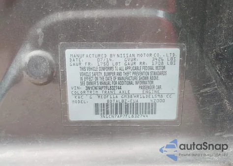 2015 Nissan Versa 1.6 Sv z USA, uszkodzony, nr VIN 3N1CN7AP7FL832744